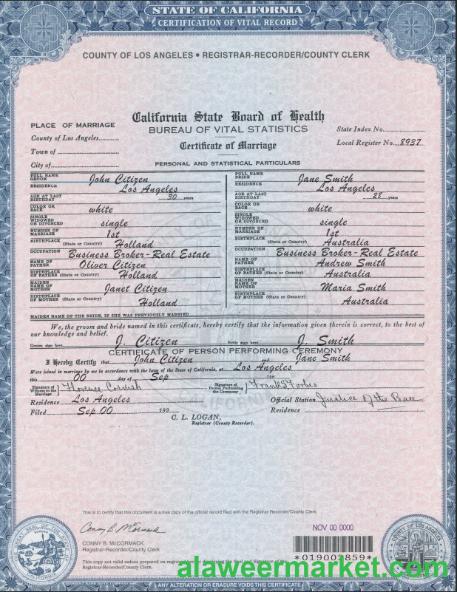 USA California Marriage Certificate template in PSD format